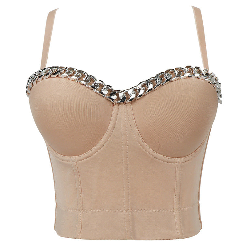 Hip Hop Tube Top Women Silver Decorative Chain Three Dimensional Push up Inner Match Spaghetti Straps Outerwear Bar Performance Wear