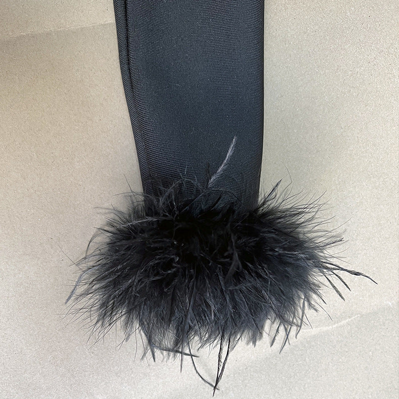 Winter Heffnige Square Collar Split Long Sleeve Ostrich Feather Bandage One Piece Dress