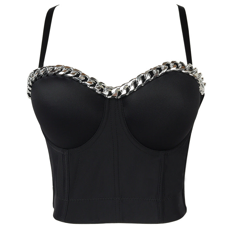 Hip Hop Tube Top Women Silver Decorative Chain Three Dimensional Push up Inner Match Spaghetti Straps Outerwear Bar Performance Wear