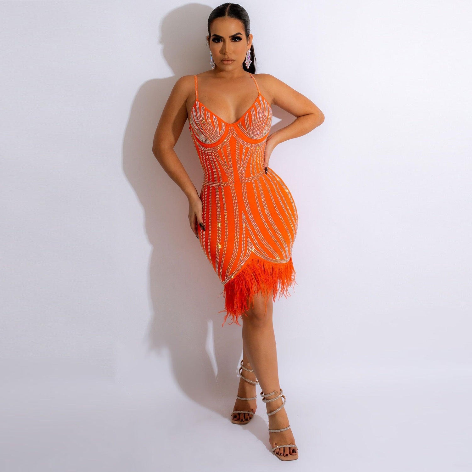 Sexy Women Clothing Rhinestone Feather Dress