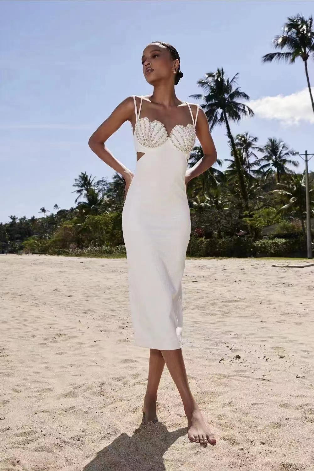 Summer Beaded Shell Hollow Out Cutout Sexy Strap Dress