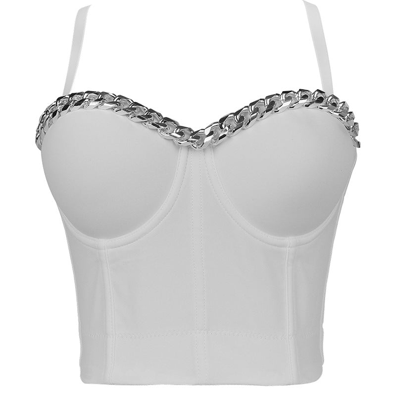 Hip Hop Tube Top Women Silver Decorative Chain Three Dimensional Push up Inner Match Spaghetti Straps Outerwear Bar Performance Wear
