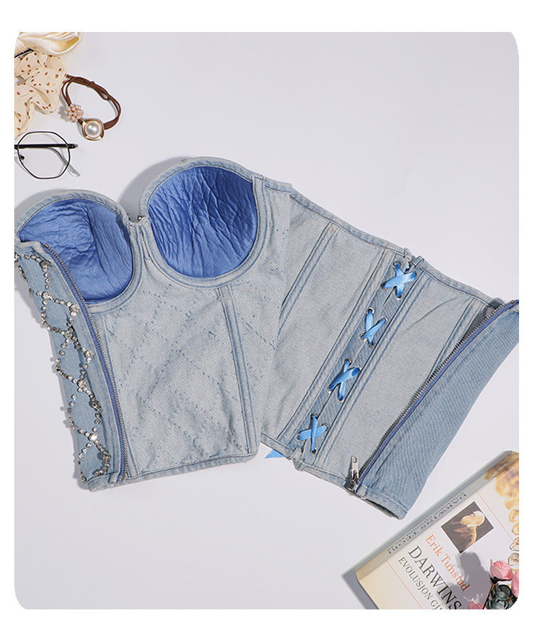 Diamond Beaded Denim Tube Top Strapless Vest Lace up Shaping Slim Fit Performance Wear Zipper Top Women