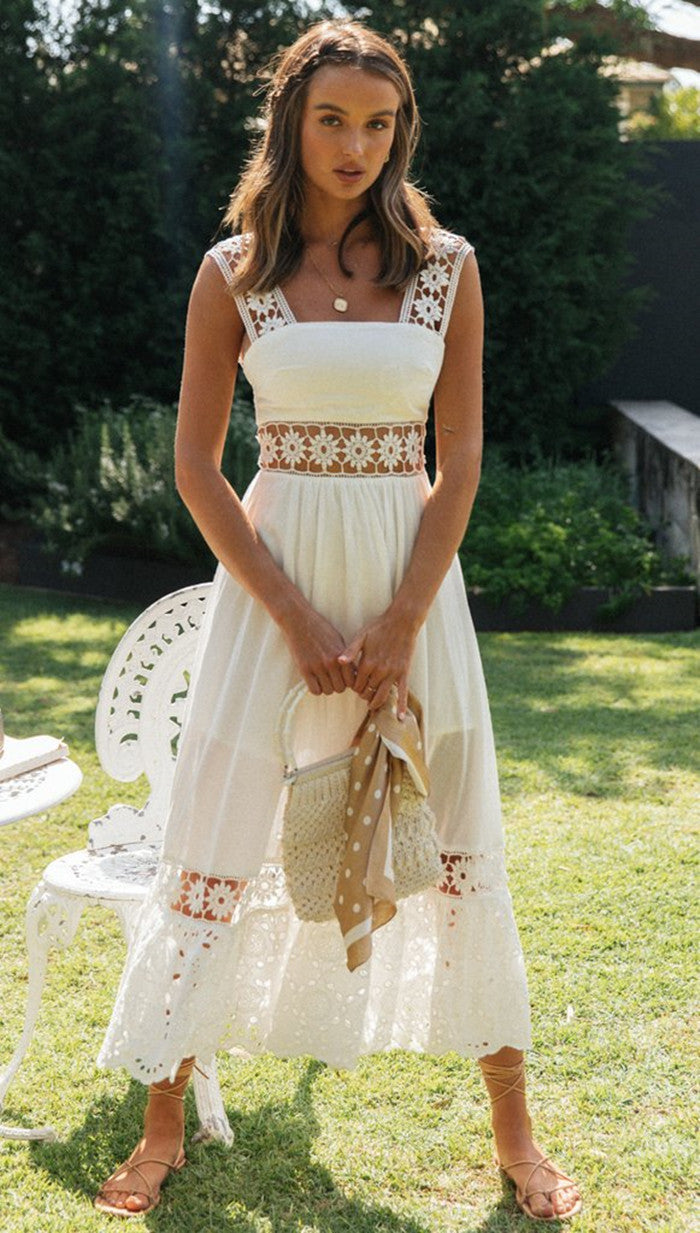 Spring Summer Women Clothing Long Lace Stitching Big Swing Dress
