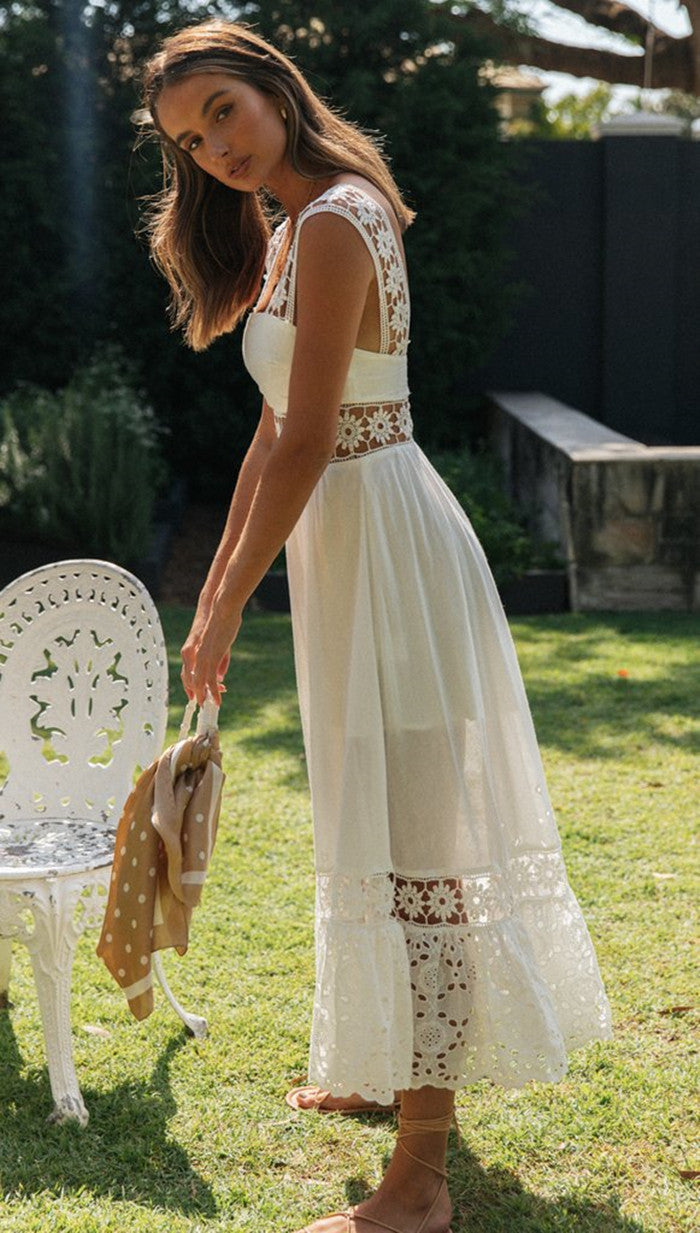 Spring Summer Women Clothing Long Lace Stitching Big Swing Dress