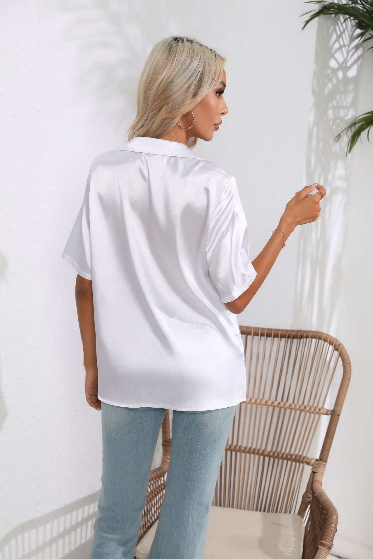 Collar Satin Shirt Women's Satin Artificial Silk Short Sleeve Shirt Amoi Women's Clothing