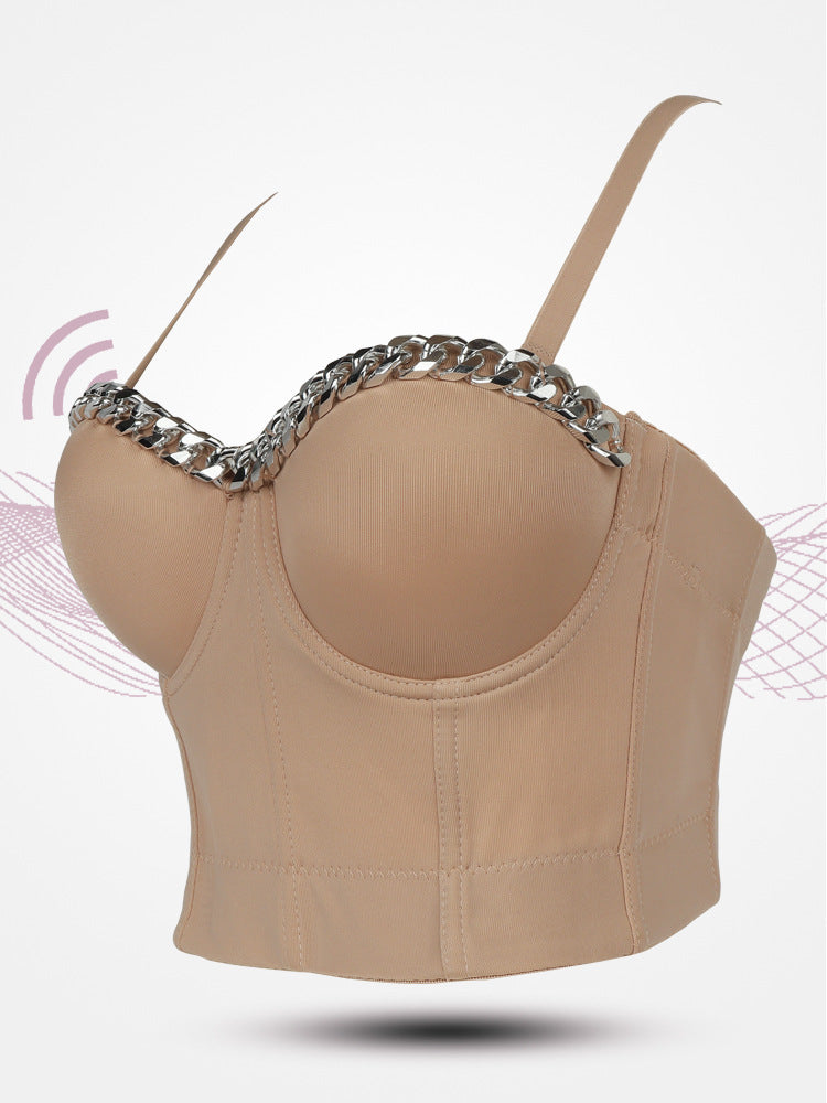 Hip Hop Tube Top Women Silver Decorative Chain Three Dimensional Push up Inner Match Spaghetti Straps Outerwear Bar Performance Wear