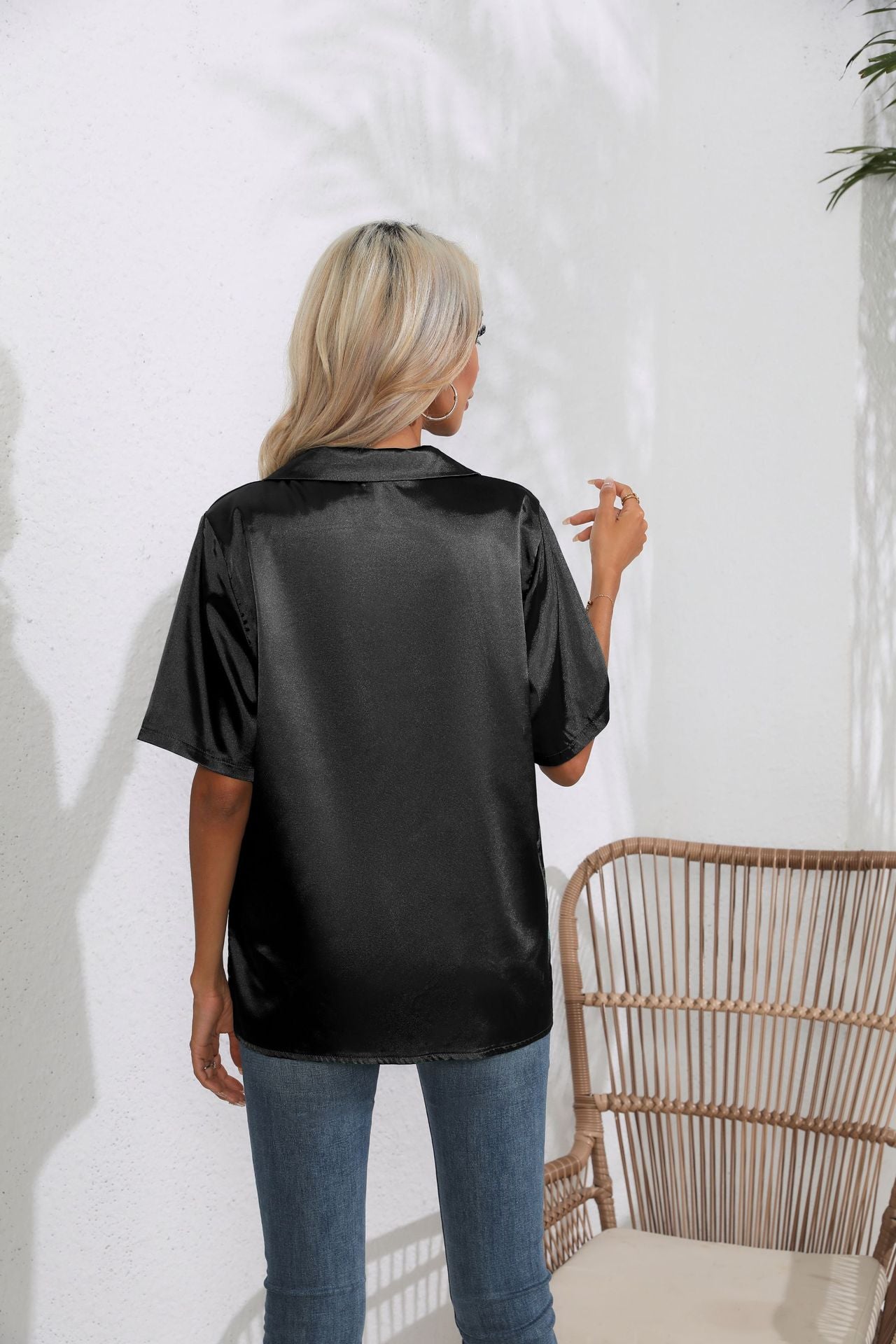 Collar Satin Shirt Women's Satin Artificial Silk Short Sleeve Shirt Amoi Women's Clothing