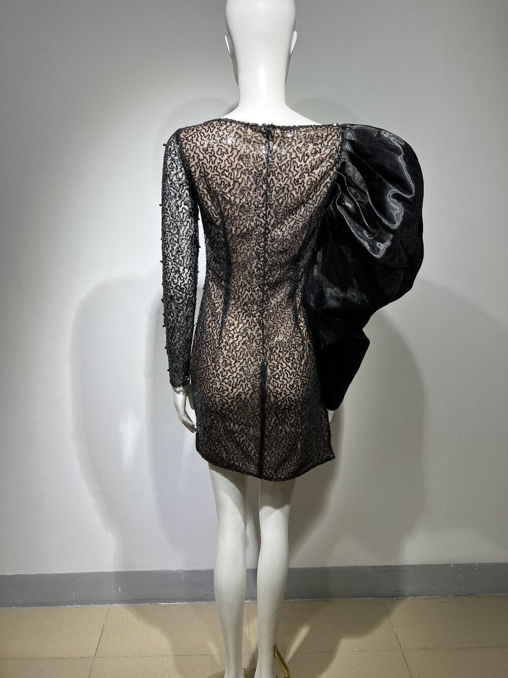 Summer Black Beaded Mesh Stitching Skinny Sheath Dress Advanced Sexy Evening Dress