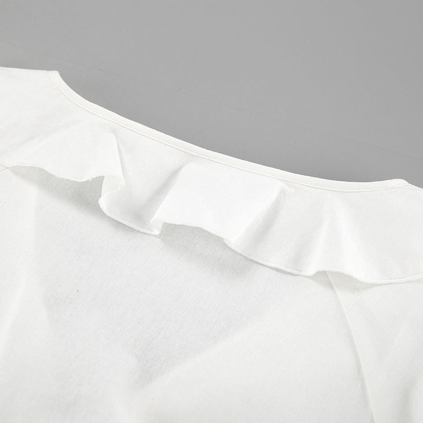 Cotton Linen White Lantern Sleeve V neck Top Shorts Summer Women Clothing Two Piece Set