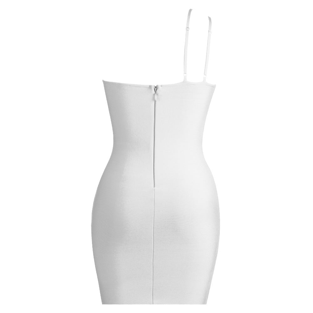Ladies Sexy Sling Oblique Shoulder Knitted Rhinestone Backless Bandage One Piece Dress