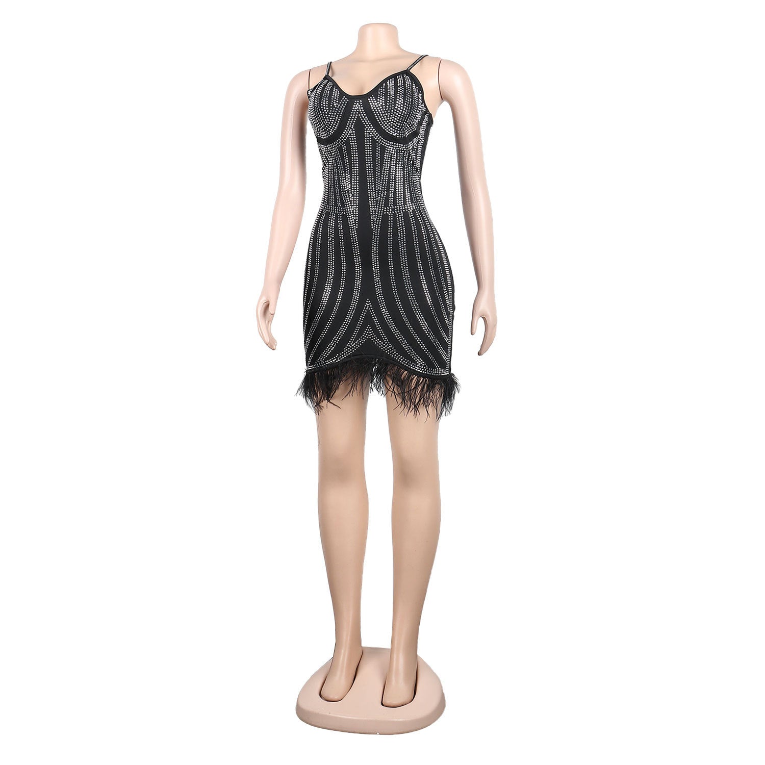 Sexy Women Clothing Rhinestone Feather Dress