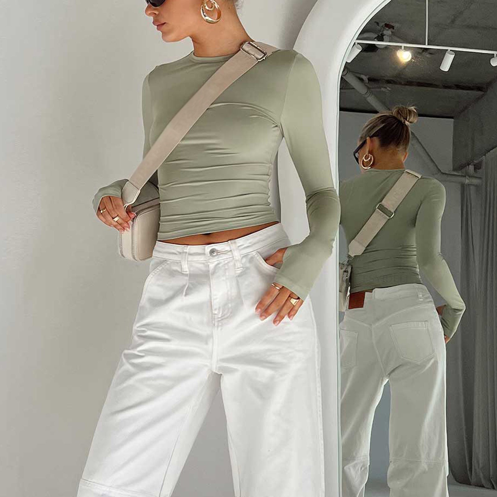 Women Clothing Solid Color Bottoming Round Neck T Shirt Sexy Slim Fit Slimming Long Sleeves Top T Shirt Autumn Winter