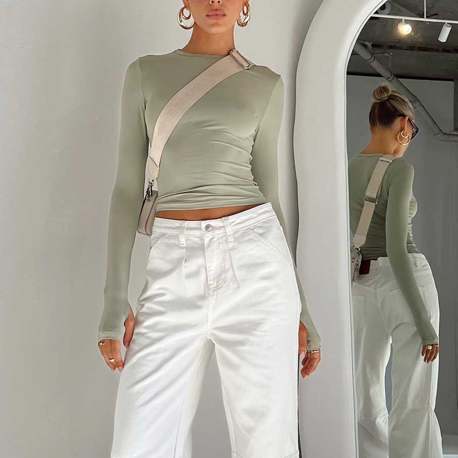 Women Clothing Solid Color Bottoming Round Neck T Shirt Sexy Slim Fit Slimming Long Sleeves Top T Shirt Autumn Winter