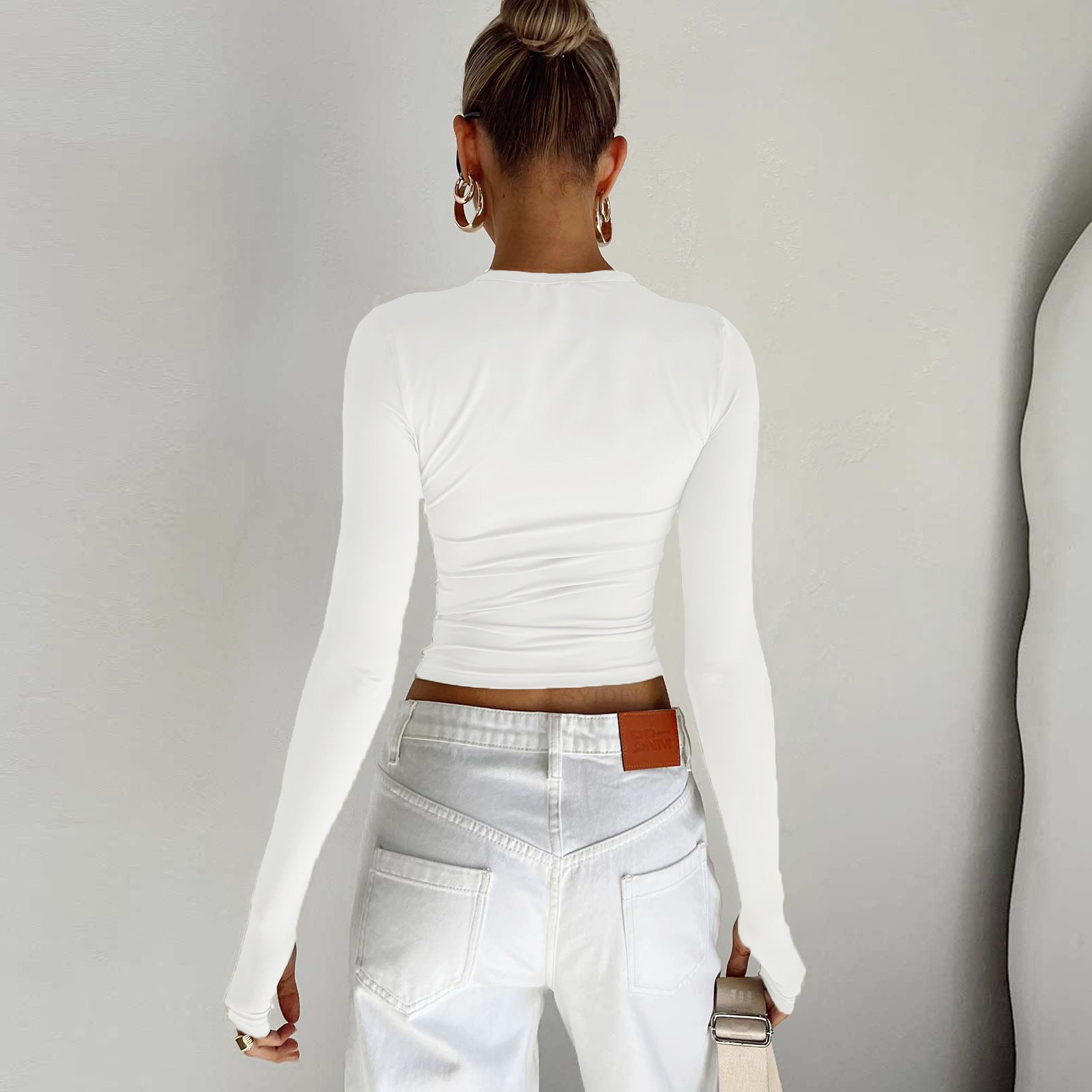 Women Clothing Solid Color Bottoming Round Neck T Shirt Sexy Slim Fit Slimming Long Sleeves Top T Shirt Autumn Winter