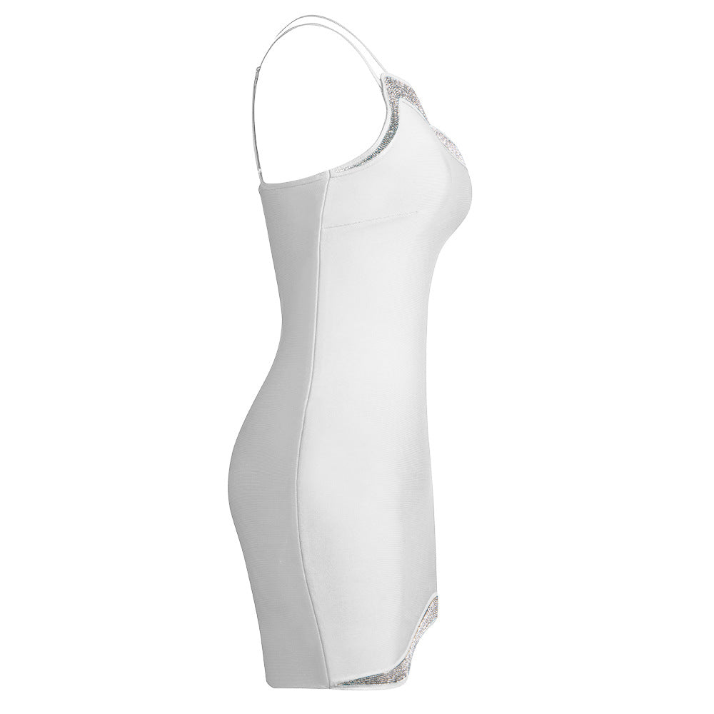 Ladies Sexy Sling Oblique Shoulder Knitted Rhinestone Backless Bandage One Piece Dress