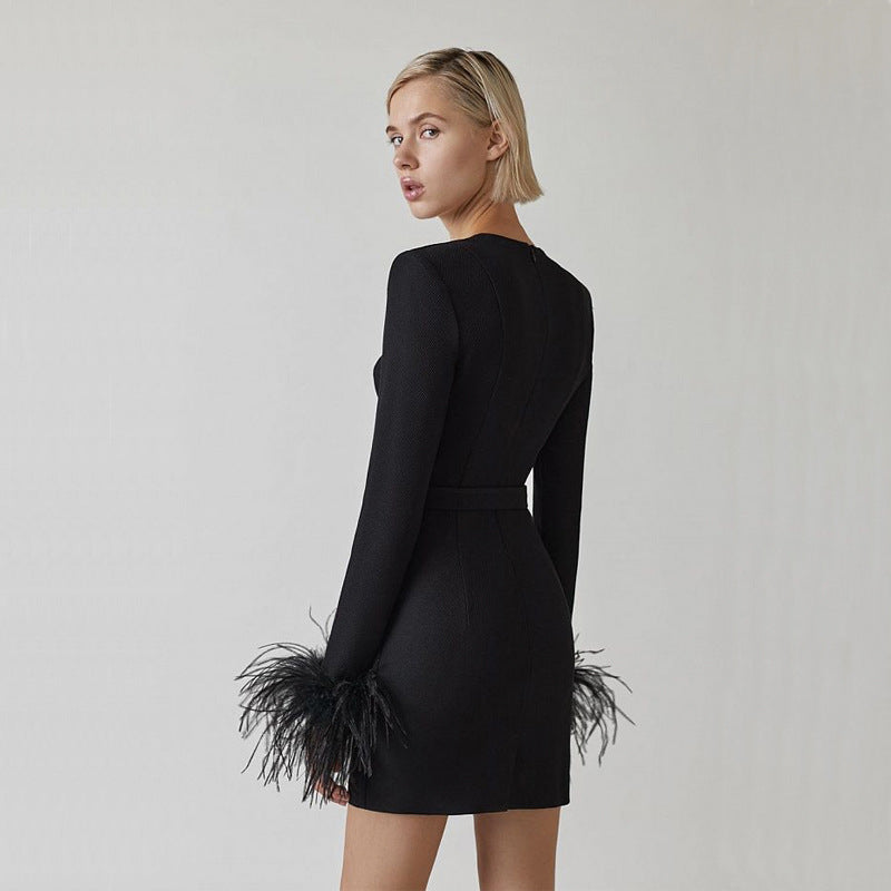 Winter Heffnige Square Collar Split Long Sleeve Ostrich Feather Bandage One Piece Dress