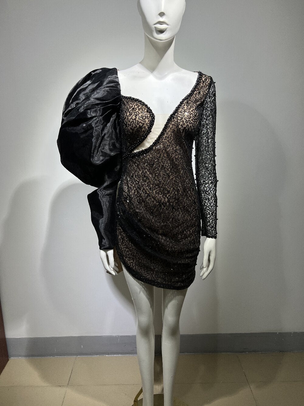 Summer Black Beaded Mesh Stitching Skinny Sheath Dress Advanced Sexy Evening Dress