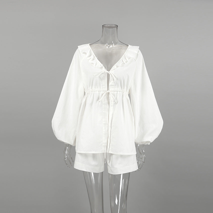Cotton Linen White Lantern Sleeve V neck Top Shorts Summer Women Clothing Two Piece Set
