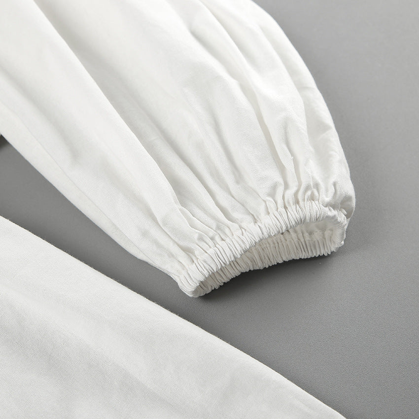 Cotton Linen White Lantern Sleeve V neck Top Shorts Summer Women Clothing Two Piece Set