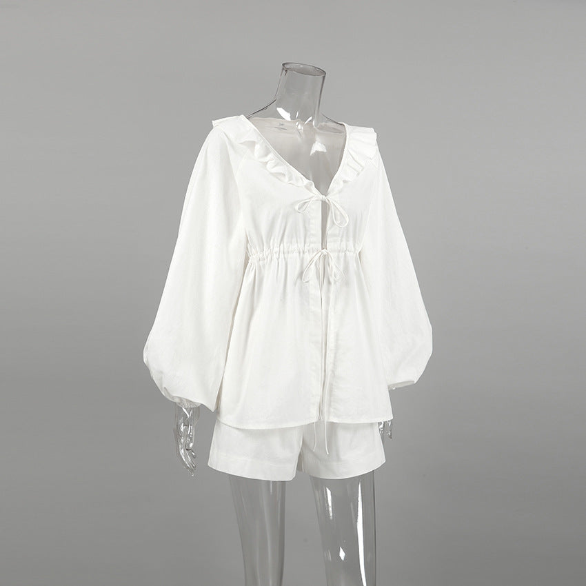 Cotton Linen White Lantern Sleeve V neck Top Shorts Summer Women Clothing Two Piece Set
