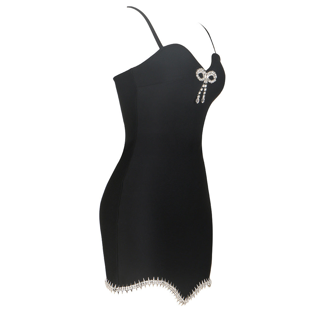 Sexy V neck Brace Knitted Pansy Diamond Decorations Chain Backless Bandage One Piece Dress