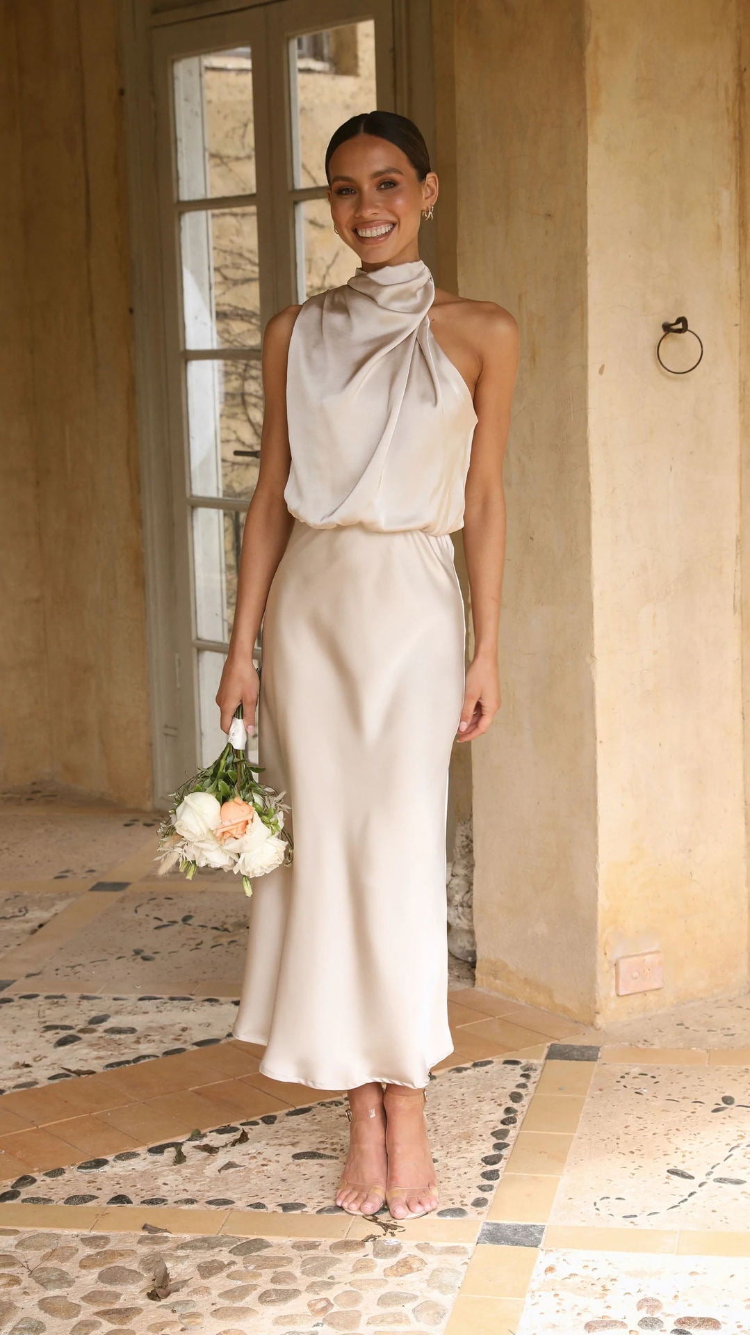 Summer Mature Elegant Women Clothing Sleeveless Halter Solid Color Satin Dress