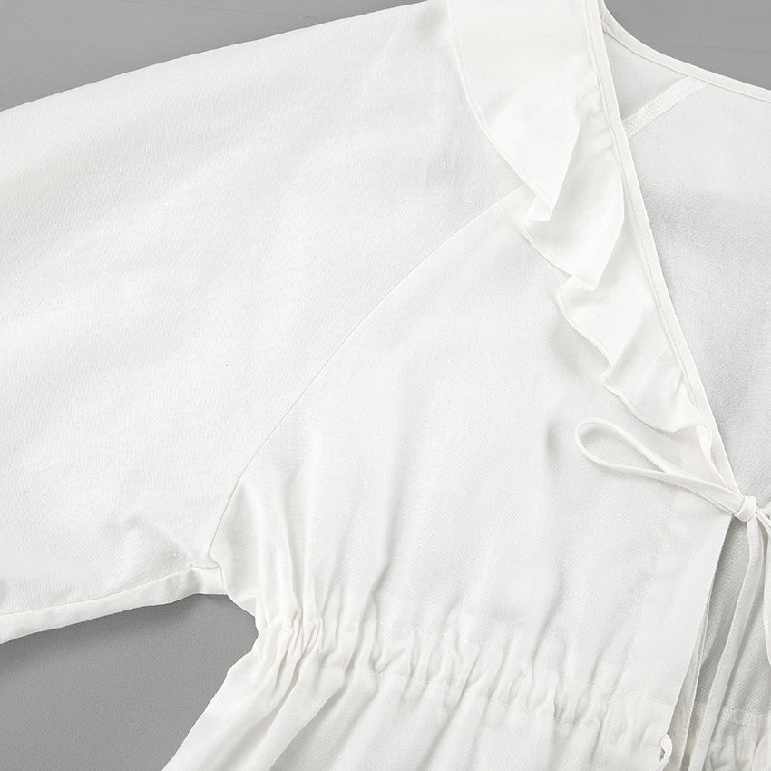 Cotton Linen White Lantern Sleeve V neck Top Shorts Summer Women Clothing Two Piece Set