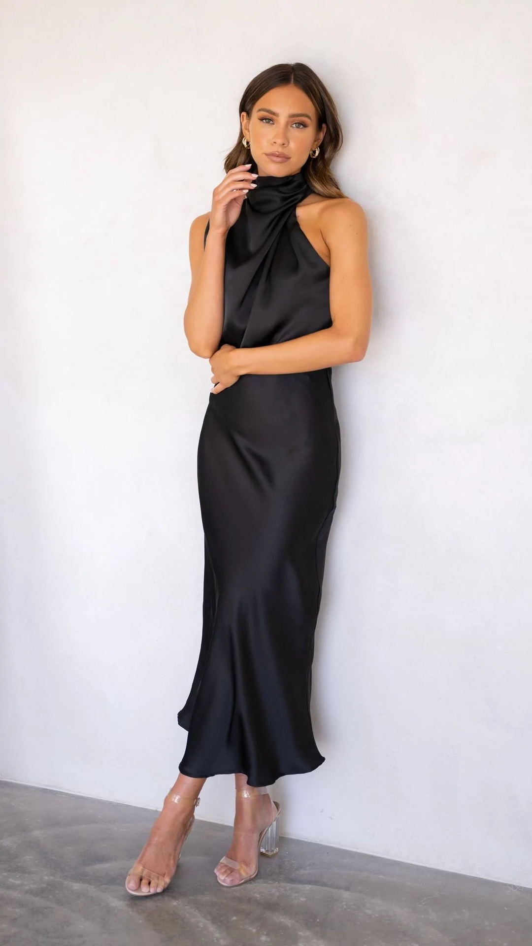Summer Mature Elegant Women Clothing Sleeveless Halter Solid Color Satin Dress