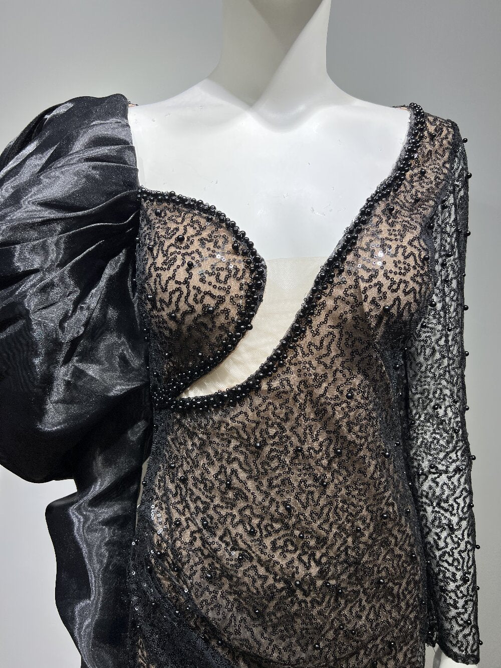 Summer Black Beaded Mesh Stitching Skinny Sheath Dress Advanced Sexy Evening Dress