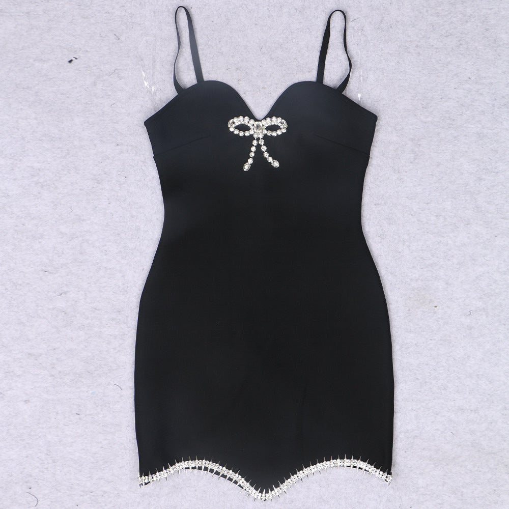 Sexy V neck Brace Knitted Pansy Diamond Decorations Chain Backless Bandage One Piece Dress