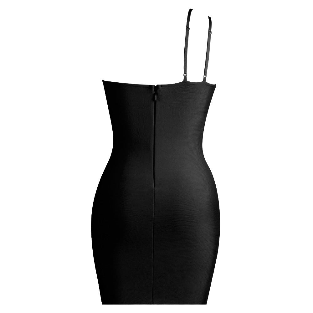 Ladies Sexy Sling Oblique Shoulder Knitted Rhinestone Backless Bandage One Piece Dress