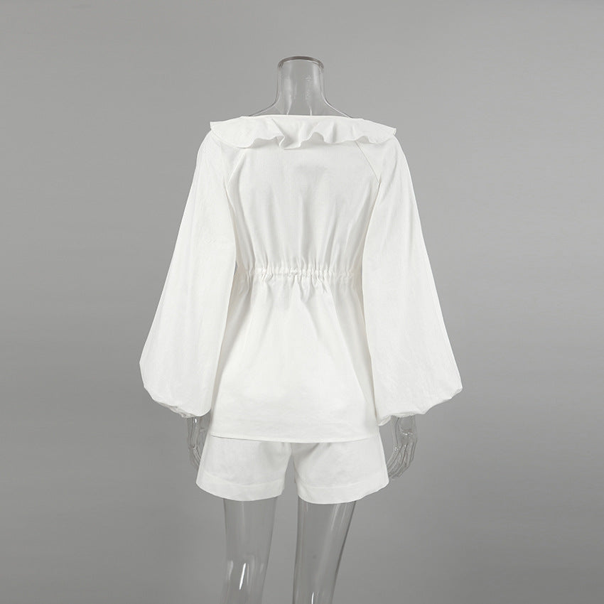 Cotton Linen White Lantern Sleeve V neck Top Shorts Summer Women Clothing Two Piece Set