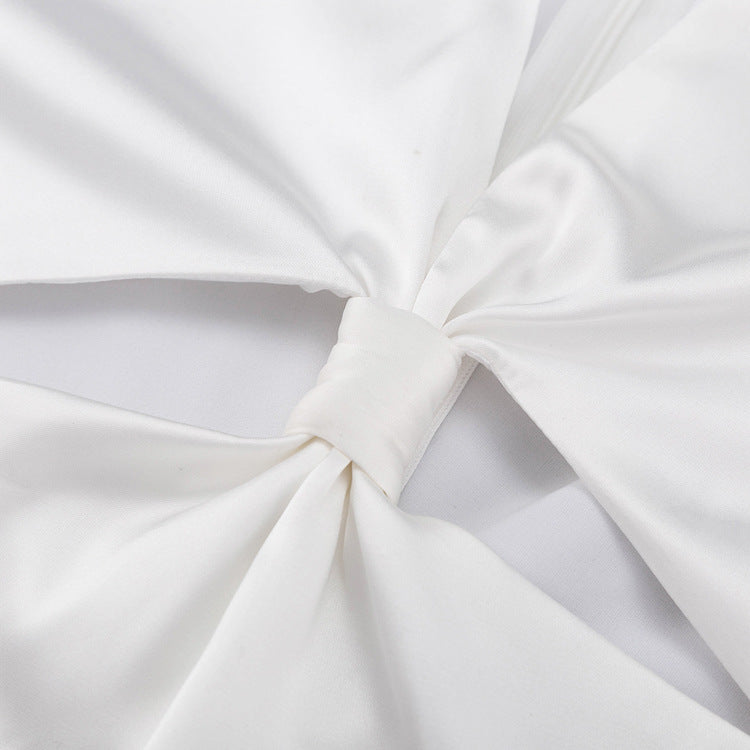 Summer White Satin Deep V neck Hollow Out Cutout Twisted Three Quarter Sleeve Tight Dress