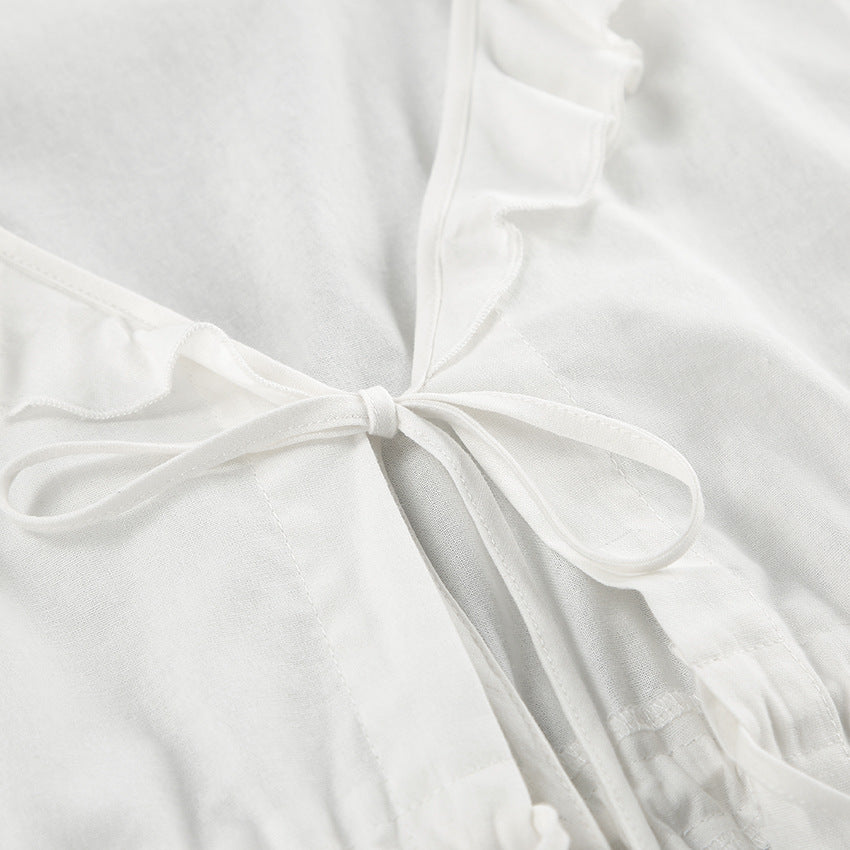 Cotton Linen White Lantern Sleeve V neck Top Shorts Summer Women Clothing Two Piece Set