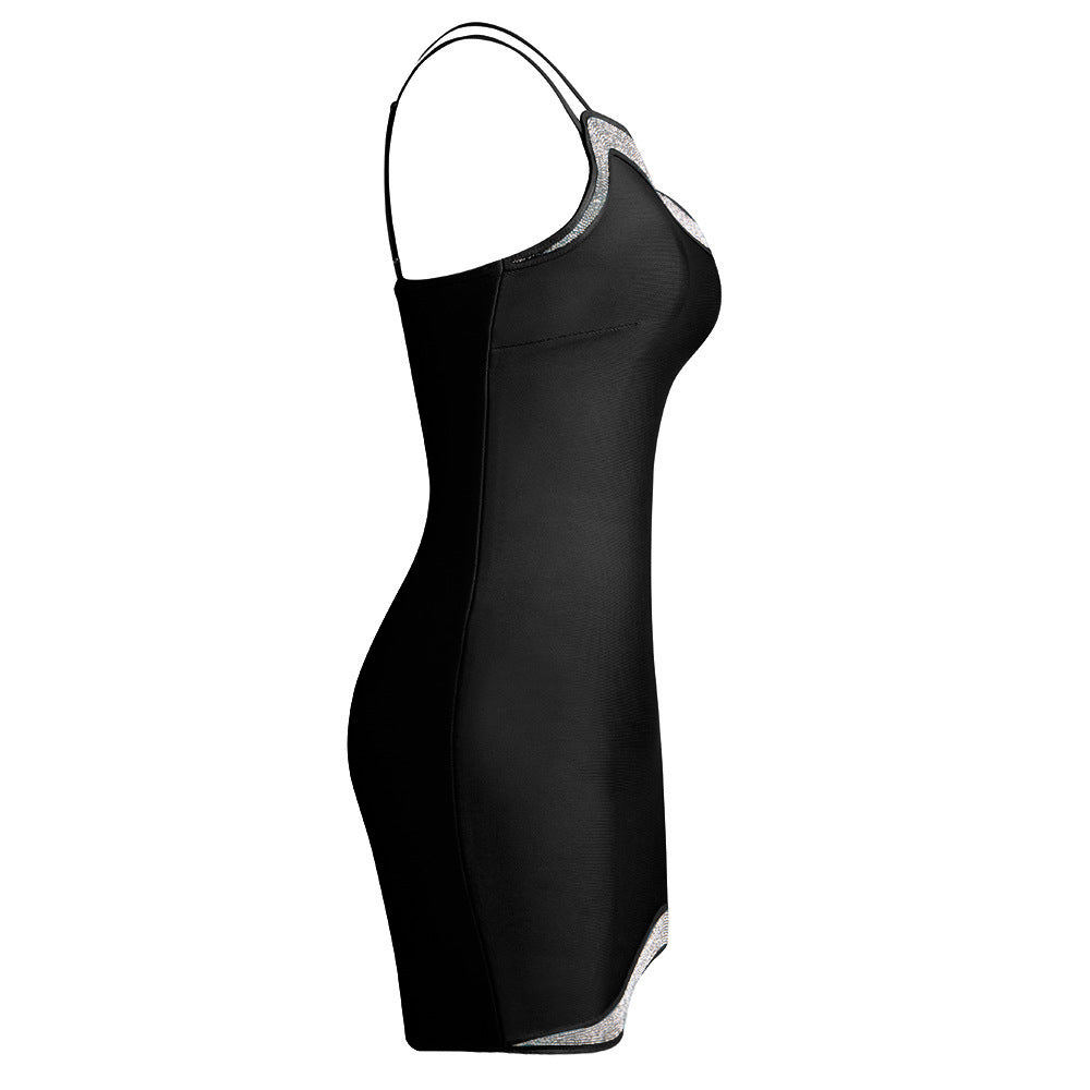 Ladies Sexy Sling Oblique Shoulder Knitted Rhinestone Backless Bandage One Piece Dress