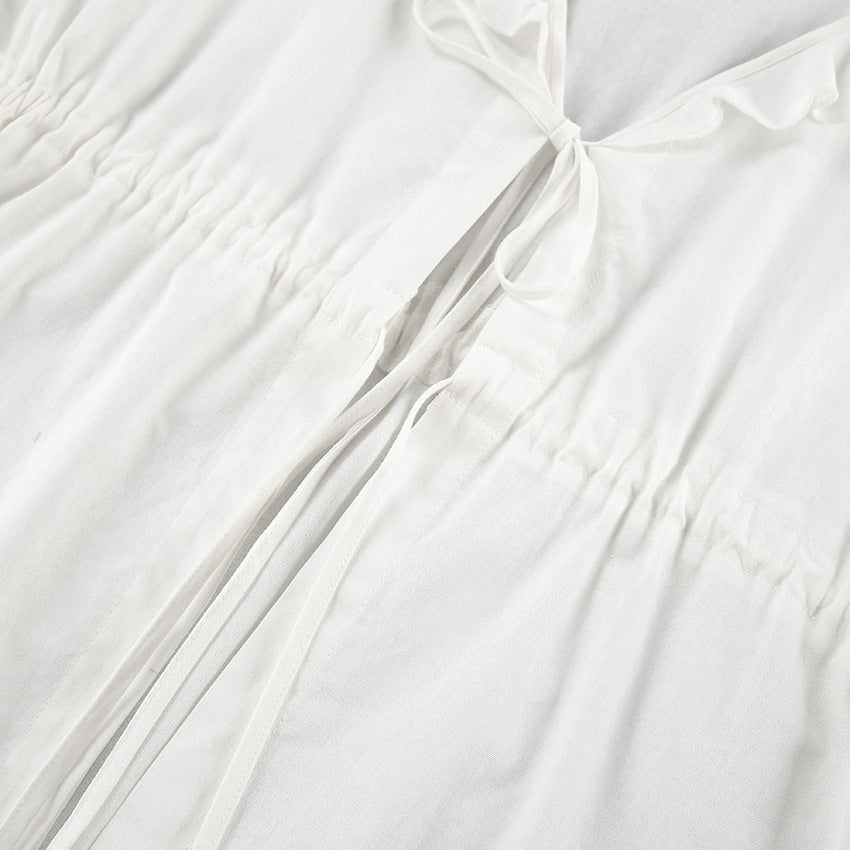 Cotton Linen White Lantern Sleeve V neck Top Shorts Summer Women Clothing Two Piece Set